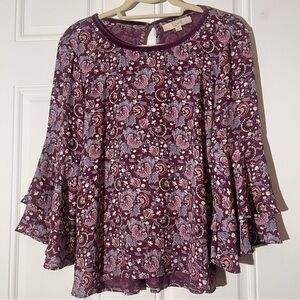 ❤️2/$15 or 3/$21❤️ Loft Purple Floral Paisley Bell Sleeve Blouse, Size XS